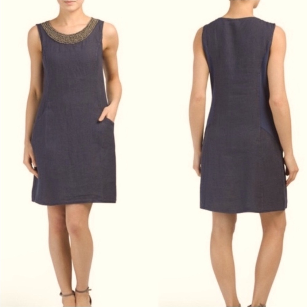 Lina Tomei Womens Small Navy Blue 100% Linen Beaded Shift‎ Dress Made In Italy